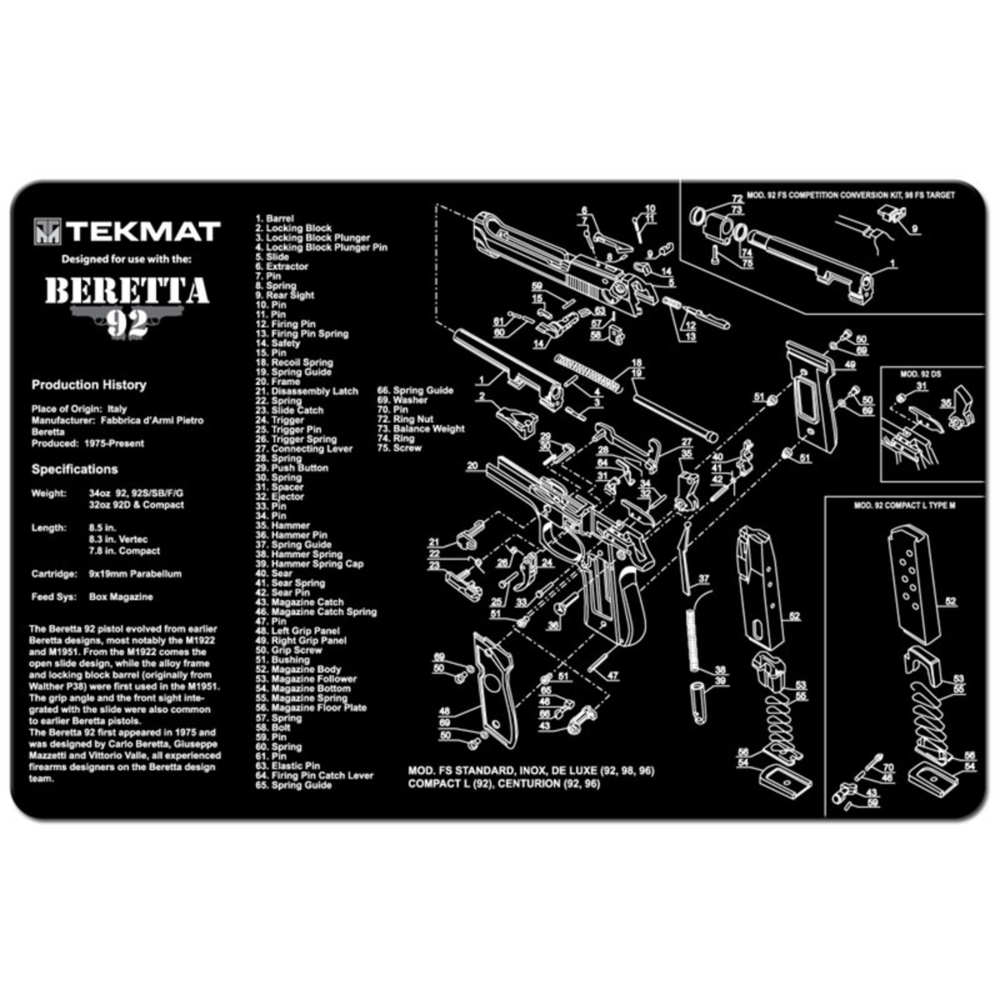 TEKMAT ARMORERS BENCH MAT 11"x17" BERETTA 92 PISTOL - for sale